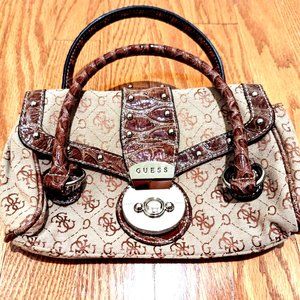VINTAGE GUESS Embossed Crocodile Faux Leather Canvas Monogram Purse Bag Handbag